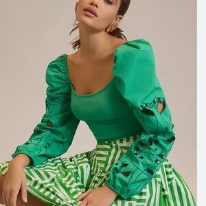 Anthropologie Green Puff Sleeve Top